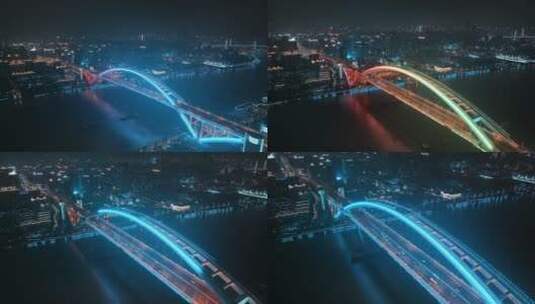 4K上海航拍卢浦大桥推进夜景全景高清在线视频素材下载