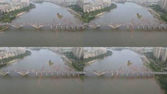 航拍 城市 跨河 大桥 拥堵 交通 尤溪大桥高清在线视频素材下载