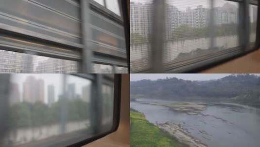 高铁火车窗外的风景行驶过城市田野跨越山河高清在线视频素材下载