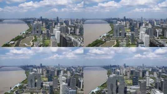 杭州滨江城区上空行走的云延时航拍高清在线视频素材下载