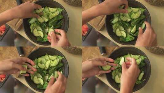 厨师摆放黄瓜片特写镜头高清在线视频素材下载