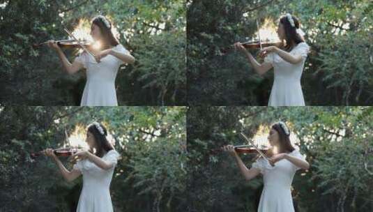 女生夕阳下的小提琴演奏高清在线视频素材下载