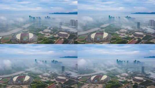 义乌城市地标梅湖云海风光航拍延时高清在线视频素材下载