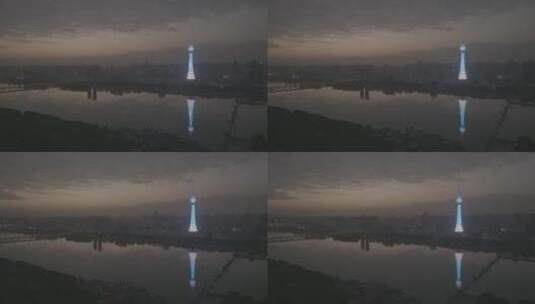洛阳 4k 洛河 中原明珠塔 晚霞 航拍高清在线视频素材下载