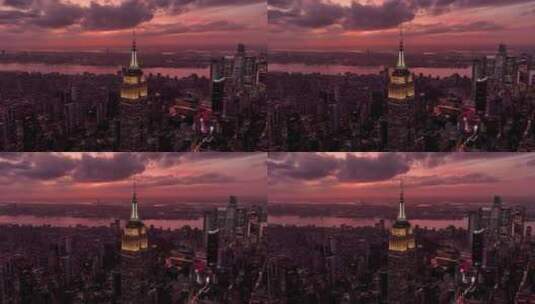 城市航拍纽约帝国大厦摩天大楼夜景日落晚霞高清在线视频素材下载