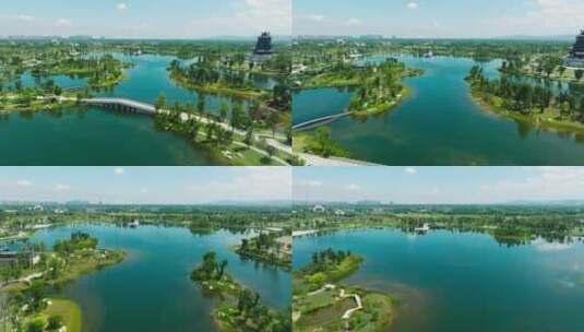 航拍蓝天下美丽的成都东安湖体育公园高清在线视频素材下载