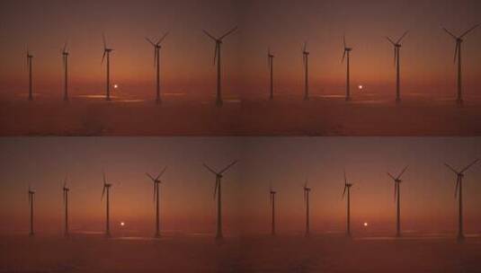 日落时海上风力涡轮机的3D动画高清在线视频素材下载