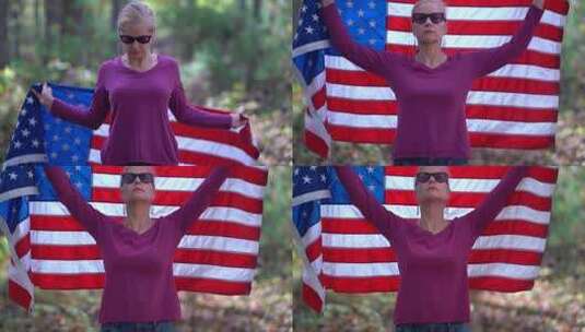 女子举着美国国旗高清在线视频素材下载