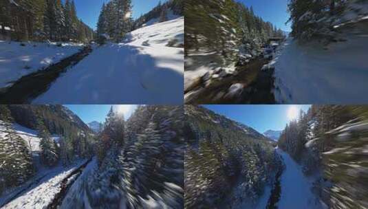 FPV无人机航拍瑞士冬日日出雪山河流树林高清在线视频素材下载