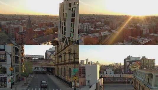 城市航拍纽约布鲁克林威廉斯堡地铁列车日出高清在线视频素材下载