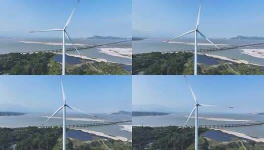 鄱阳湖畔新能源风力发电机组环绕航拍高清在线视频素材下载