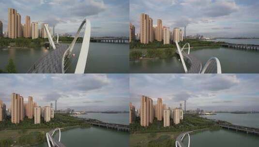 航拍江苏苏州金鸡湖玲珑桥高清在线视频素材下载