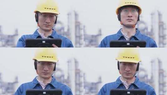 工程师拿着平板电脑在石油化工厂工作高清在线视频素材下载