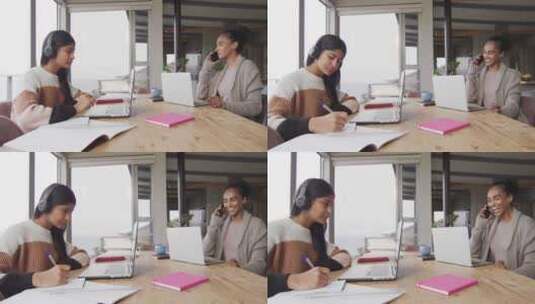 专注于混血女性在家使用笔记本电脑和智能手机工作的视频高清在线视频素材下载