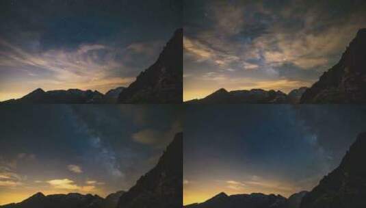 银河系的时间流逝和夏季夜空中的星星在阿尔卑斯山上空旋转高清在线视频素材下载