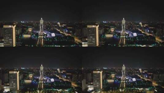 浙江杭州西湖文化广场夜景灯光航拍高清在线视频素材下载