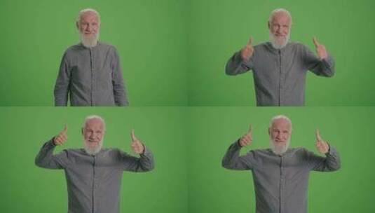 绿屏一个灰色胡子的微笑老人竖起两个大拇指高清在线视频素材下载