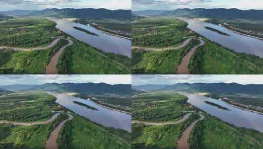 HDR泰国缅甸老挝金三角湄公河航拍景观高清在线视频素材下载