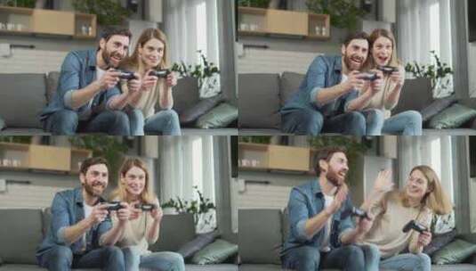 快乐的成年男女在游戏台上玩操纵杆，坐着玩高清在线视频素材下载