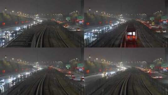 北京夜晚城市地铁车流空气污染雾霾高清在线视频素材下载