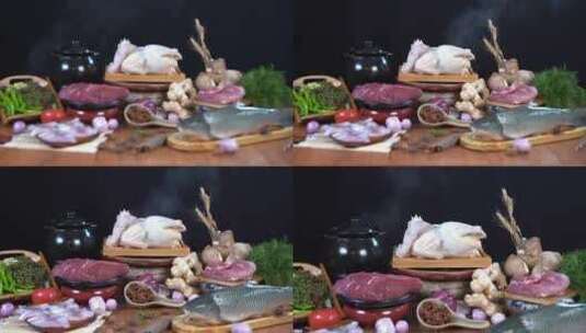 鸡  鸭 鱼 肉 美食  新鲜食材 蔬菜高清在线视频素材下载