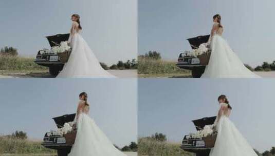 新娘，白色连衣裙，复古，汽车高清在线视频素材下载
