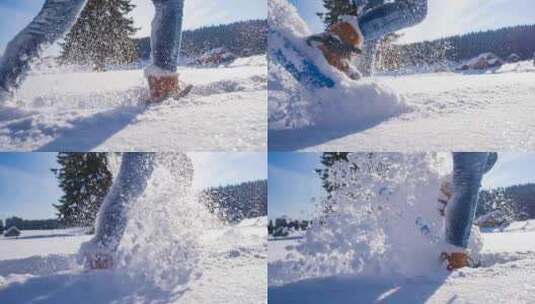 在皑皑白雪的雪地上行走脚部特写_4K高清在线视频素材下载