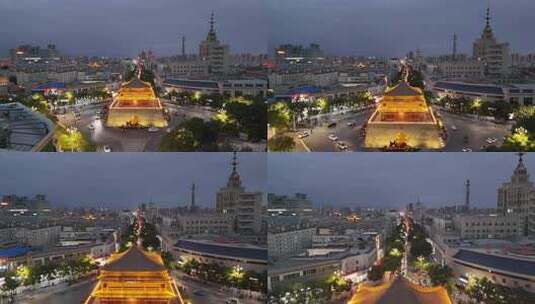 航拍甘肃张掖钟鼓楼夜景高清在线视频素材下载