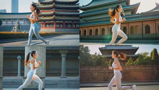 晨跑古都现代活力历史交融城市跑步古建筑运高清在线视频素材下载