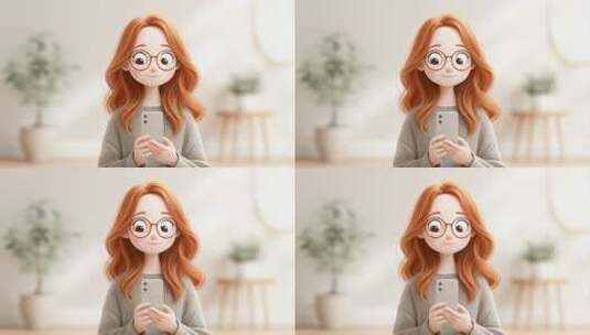 卡通女孩居家使用手机专注互动高清在线视频素材下载