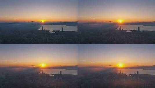 前海高视角航拍深圳湾清晨阳光延时高清在线视频素材下载