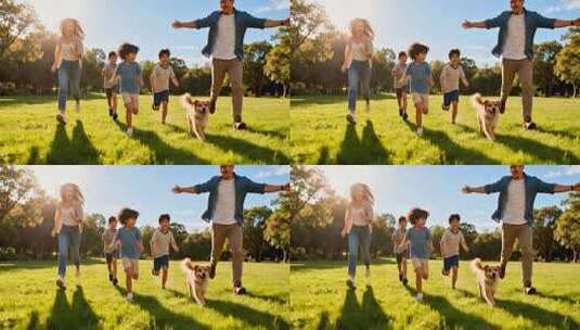 一家人在公园草地奔跑高清在线视频素材下载