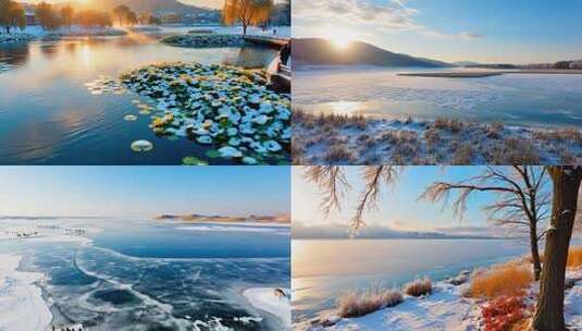 冬日结冰湖面与远山风景高清在线视频素材下载