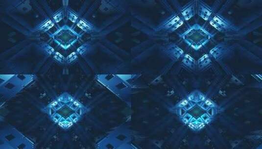 8K科幻蓝色未来机械隧道与核心光芒背景高清在线视频素材下载