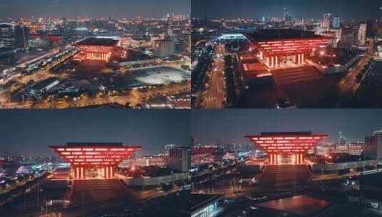 中华艺术宫夜景航拍高清在线视频素材下载