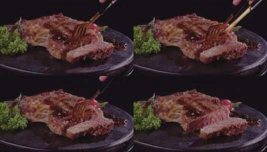 西餐厅餐饮菲力牛排煎牛排切牛排美食高清在线视频素材下载