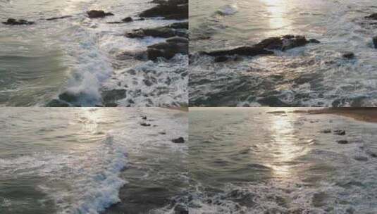 航拍夕阳下的波涛汹涌的海浪冲向岸边高清在线视频素材下载