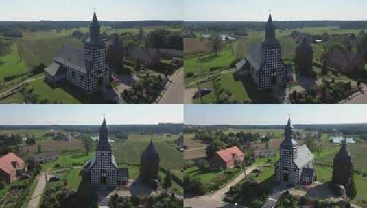 乡村空中流传的古老历史半木结构天主教堂高清在线视频素材下载
