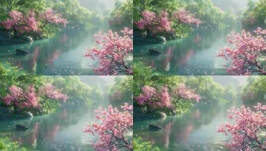 唯美春天溪水边的绿树和鲜花高清在线视频素材下载