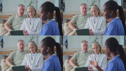 老年夫妇，平板电脑和医疗咨询在医院的保险高清在线视频素材下载