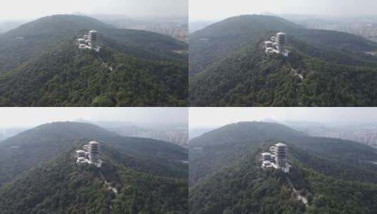 烈日正午下的杭州临平公园东来阁上空航拍高清在线视频素材下载