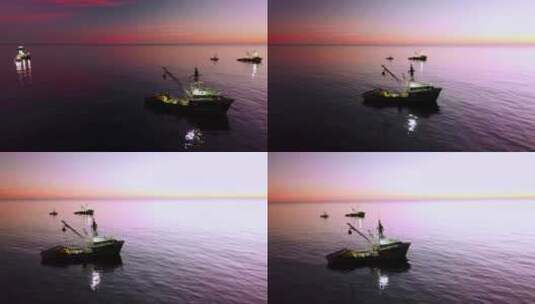 在聚光灯的照射下渔船航行在大海上高清在线视频素材下载