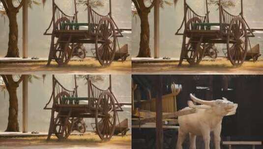泰国旅游视频泰国牛村农耕文化牛车雕塑高清在线视频素材下载
