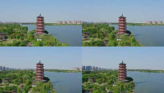 东莞航拍华阳湖湿地公园华阳塔右环绕高清在线视频素材下载