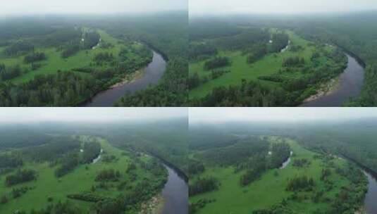 航拍森林河流云雾晨光高清在线视频素材下载