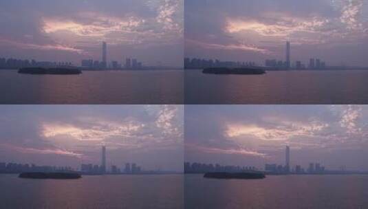 旅游景区 航拍苏州金鸡湖畔高楼大厦 朝霞高清在线视频素材下载