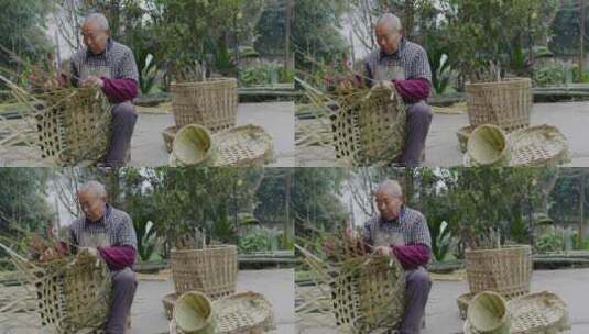 四川老人在院子里用竹条编制背篓传统手艺人高清在线视频素材下载