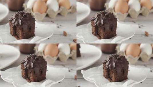 巧克力立方磅蛋糕摆在桌子上。高清在线视频素材下载