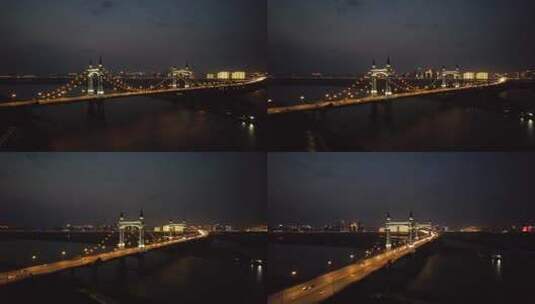 4K航拍哈尔滨阳明滩大桥城市夜景地标建筑高清在线视频素材下载