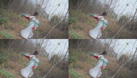 清水河公园汉服小妹妹姐姐舞蹈奔跑树林高清在线视频素材下载
